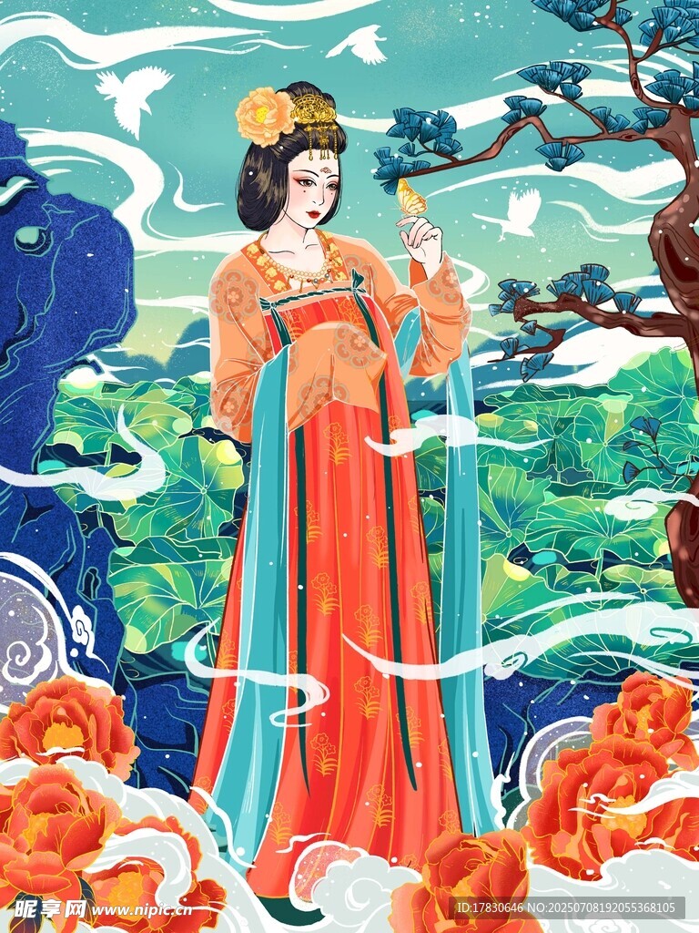 古风美人置身奇幻山水间