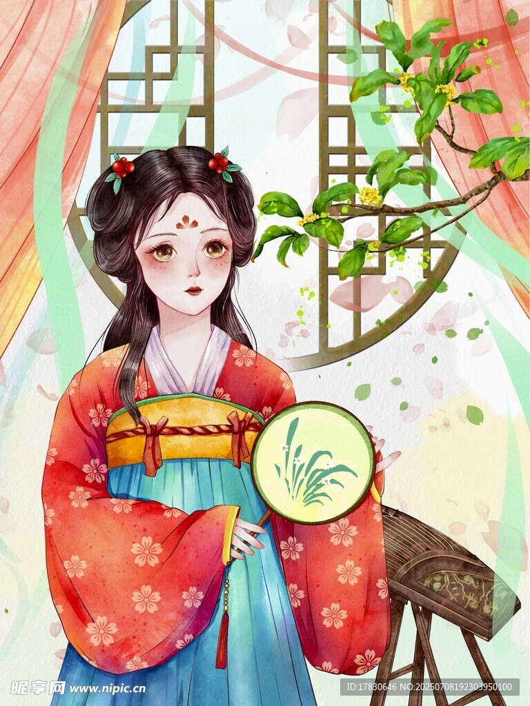 古风汉服女子持扇赏景