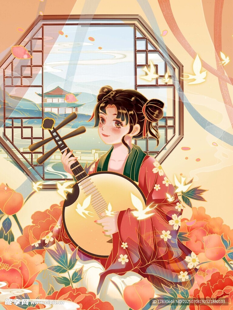 古风少女抚琴赏景图