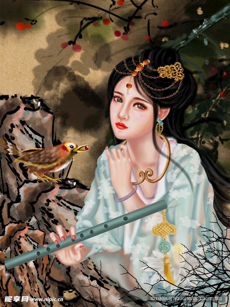 古典美人持笛图