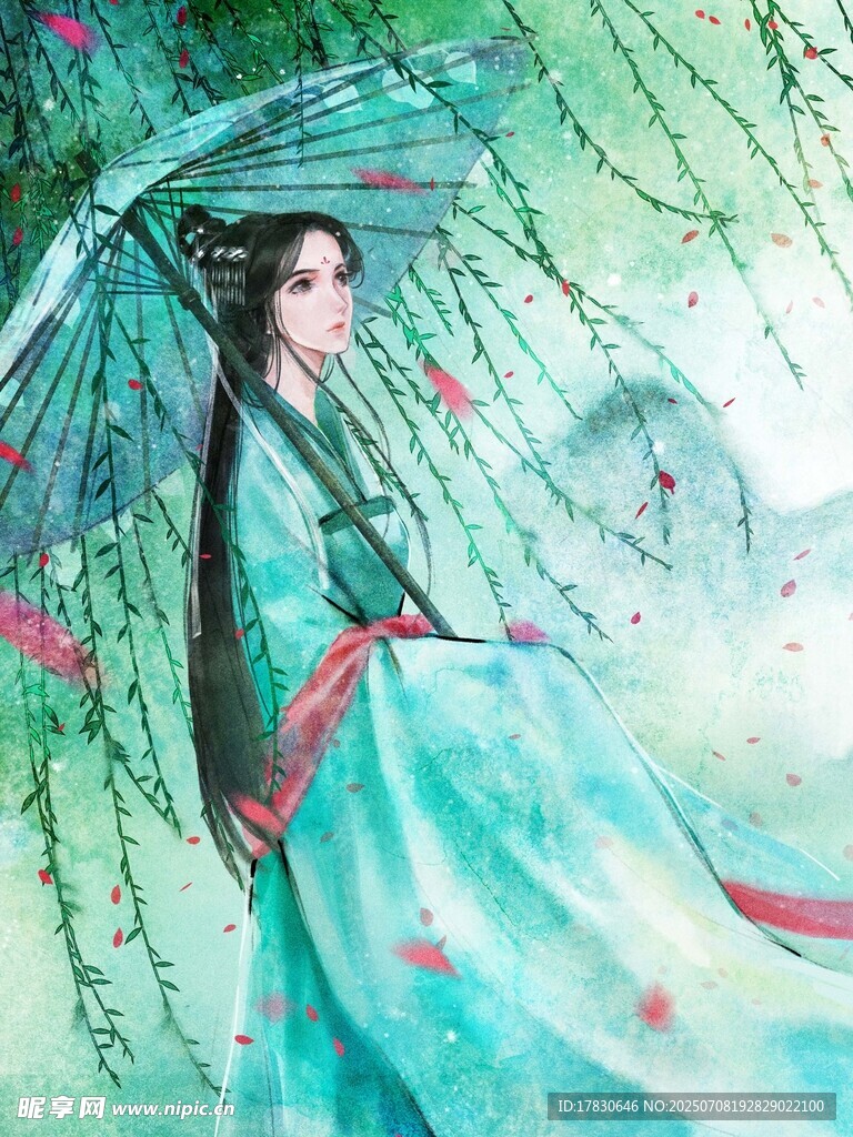 古风女子撑伞漫步雨中