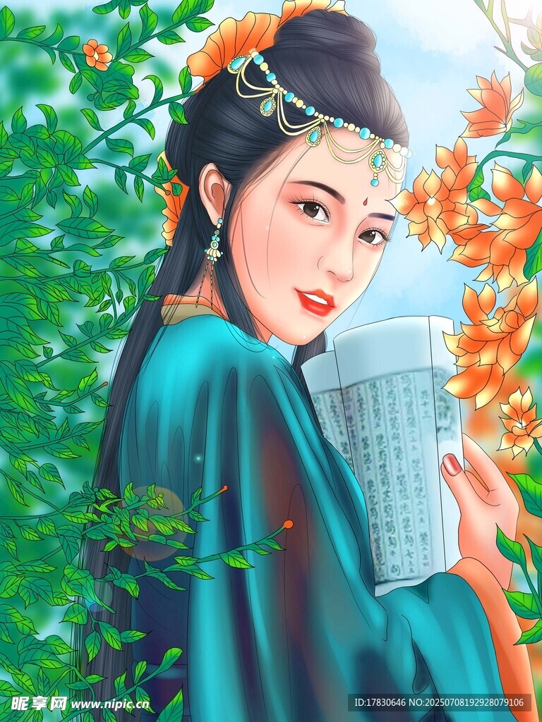 古风女子持书卷倚于花丛