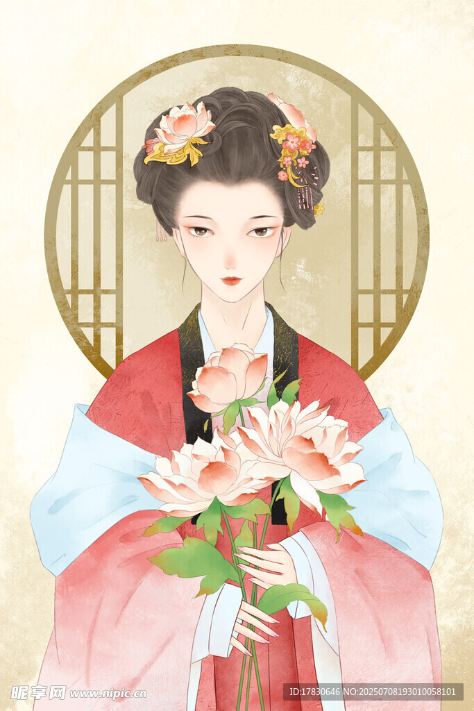古典汉服女子手持花卉