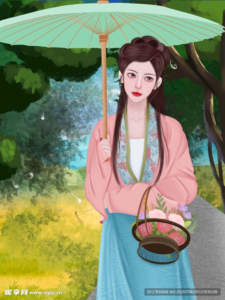 古风女子持伞提篮漫步