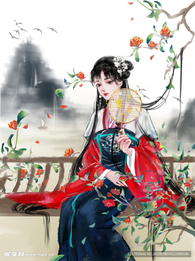 古风汉服女子倚栏赏景