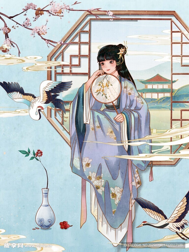 古风女子持扇庭院赏景