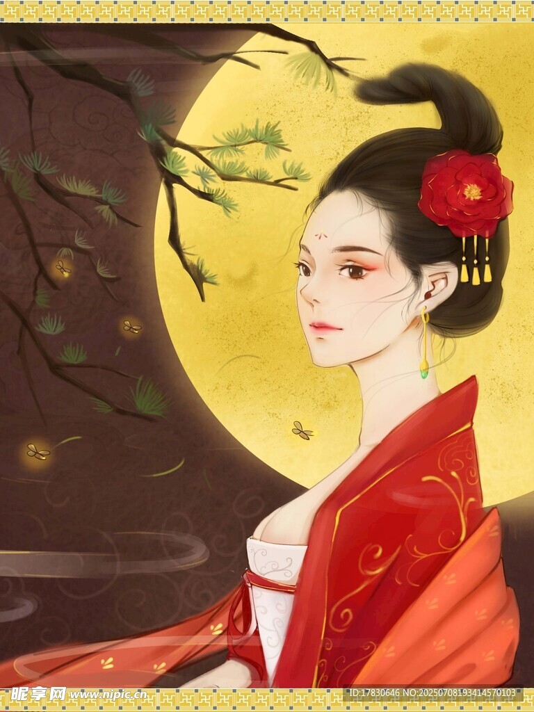 月夜下的古典红衣女子