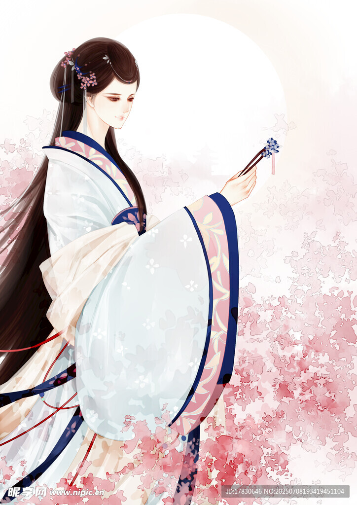 古风汉服女子持扇赏景