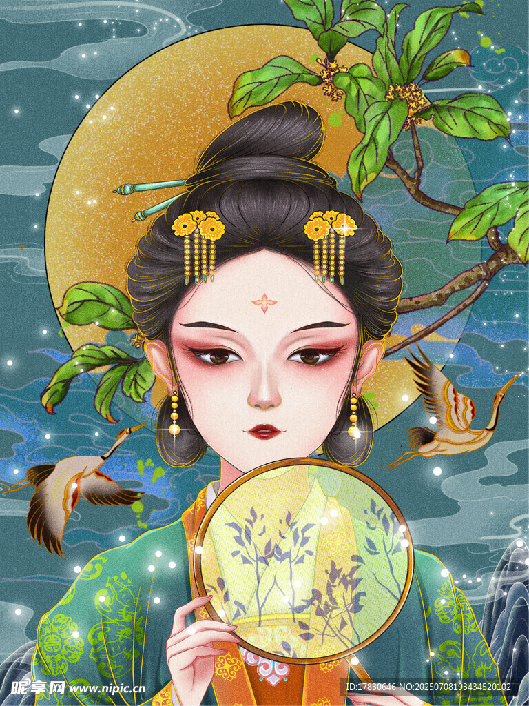 古风少女持扇伴月赏景