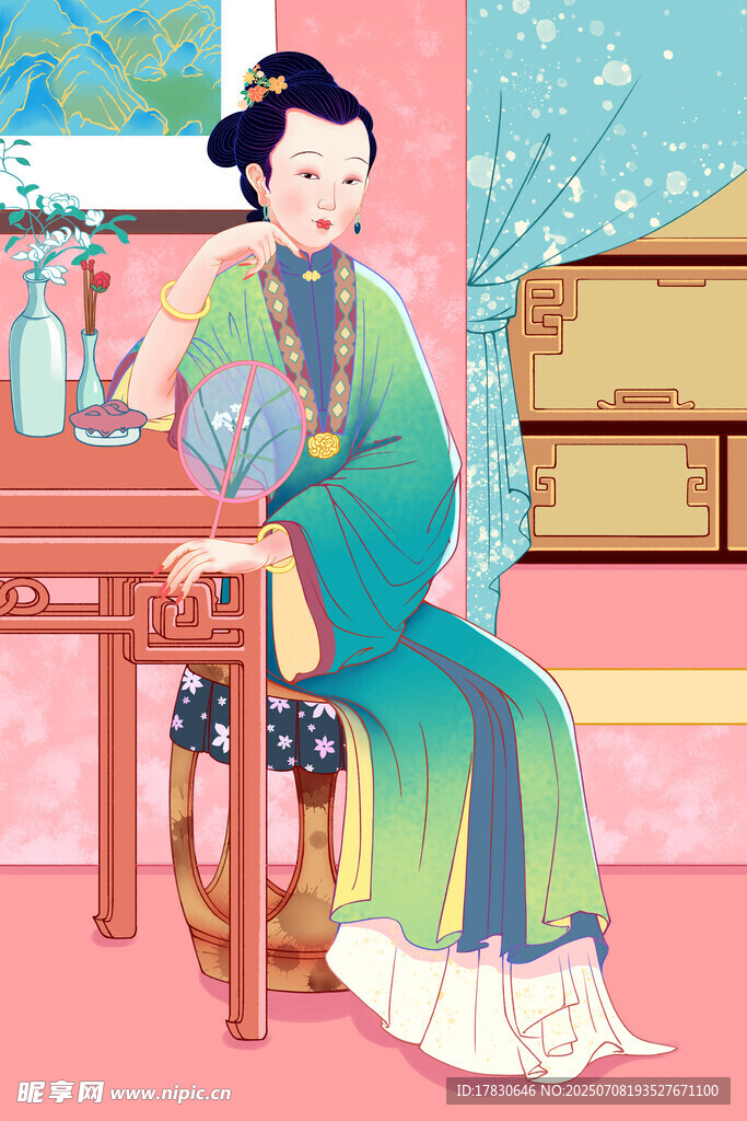 古典美人持扇优雅端坐