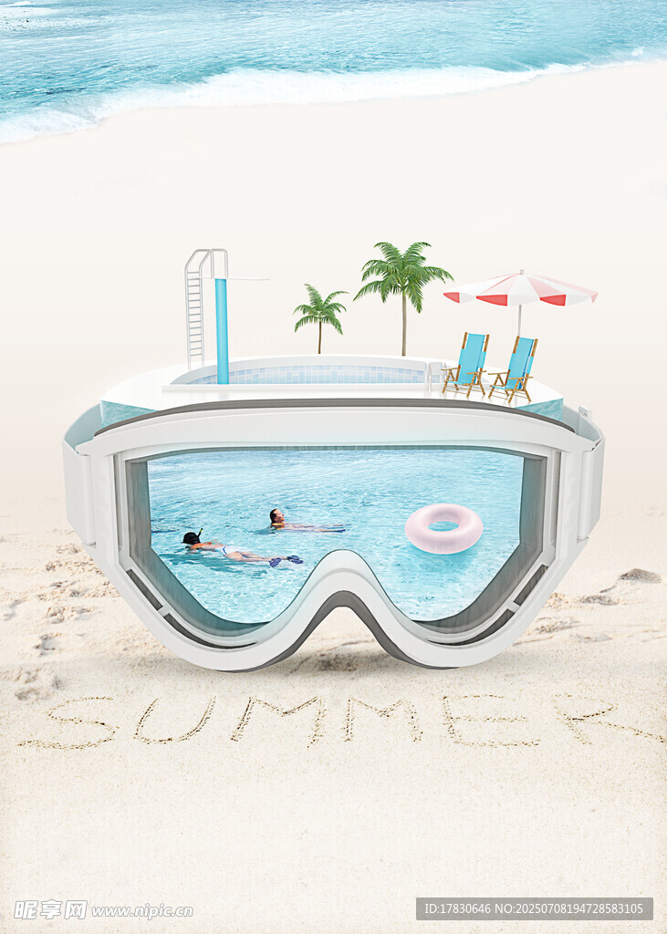 夏日泳镜中的清凉海滩