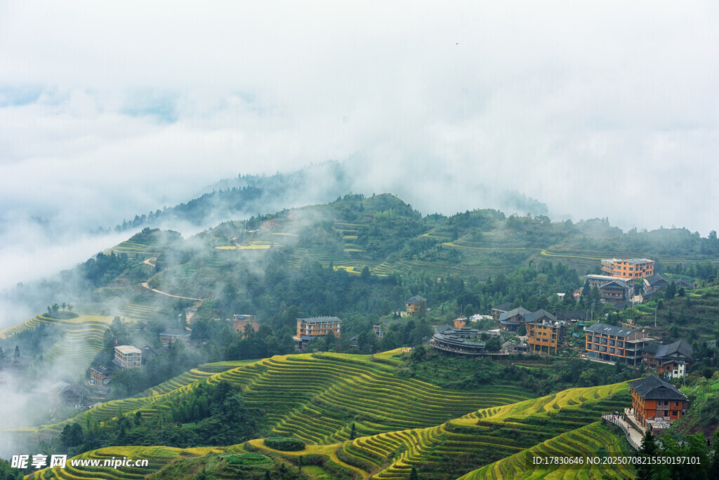 云雾缭绕的山间梯田美景