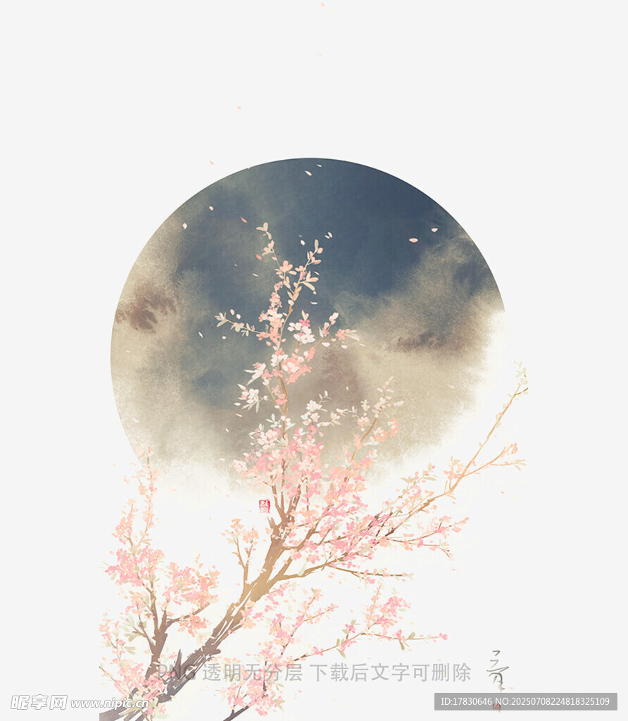 月夜下的粉樱枝头