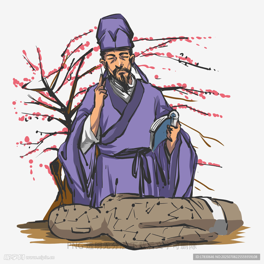 古代文士赏梅抚卷图