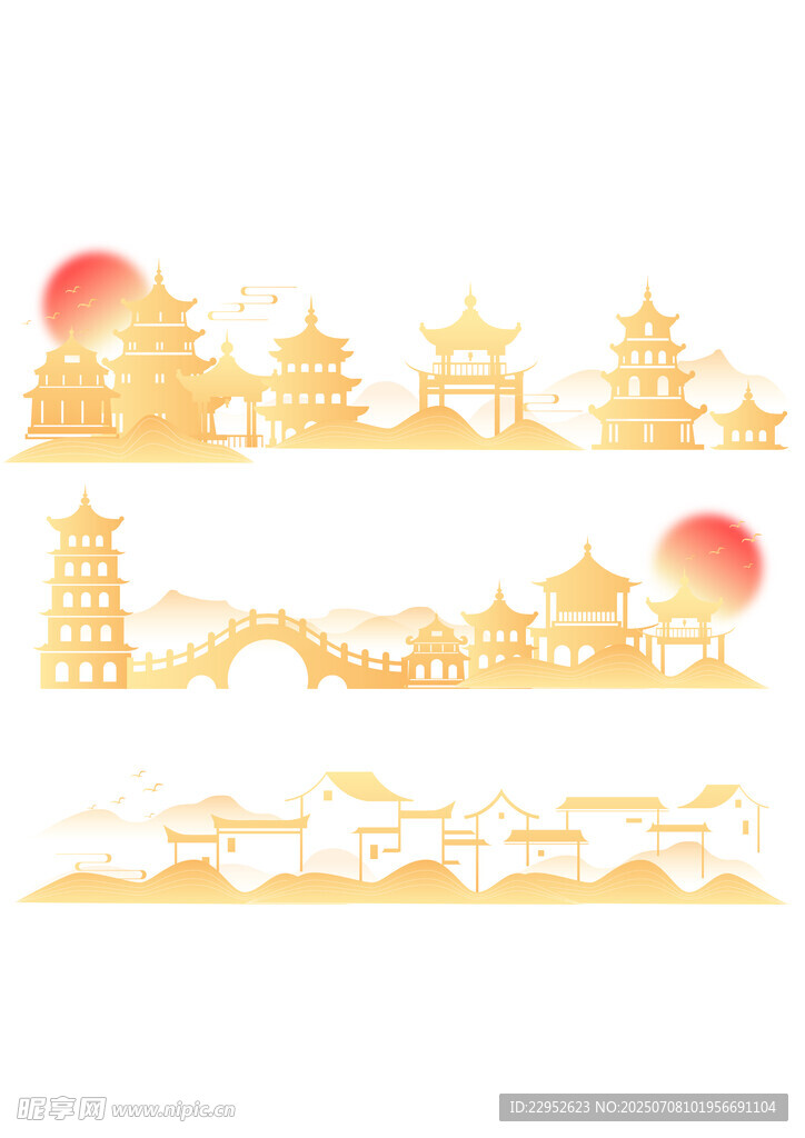 中国风传统古代建筑装饰插画元素