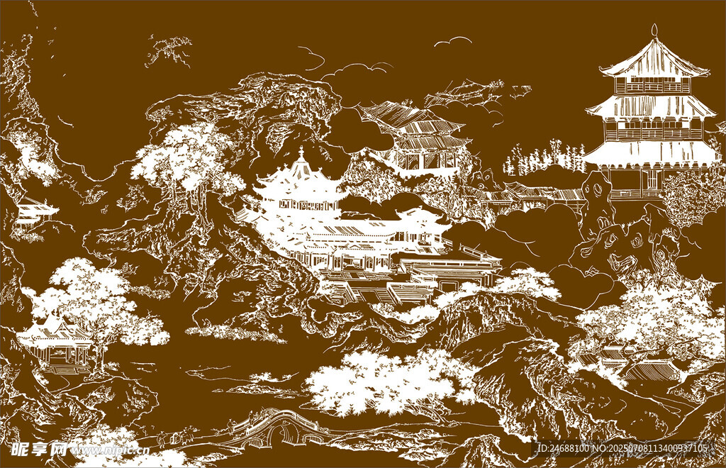 新中式古建筑阁楼山水画 矢量图