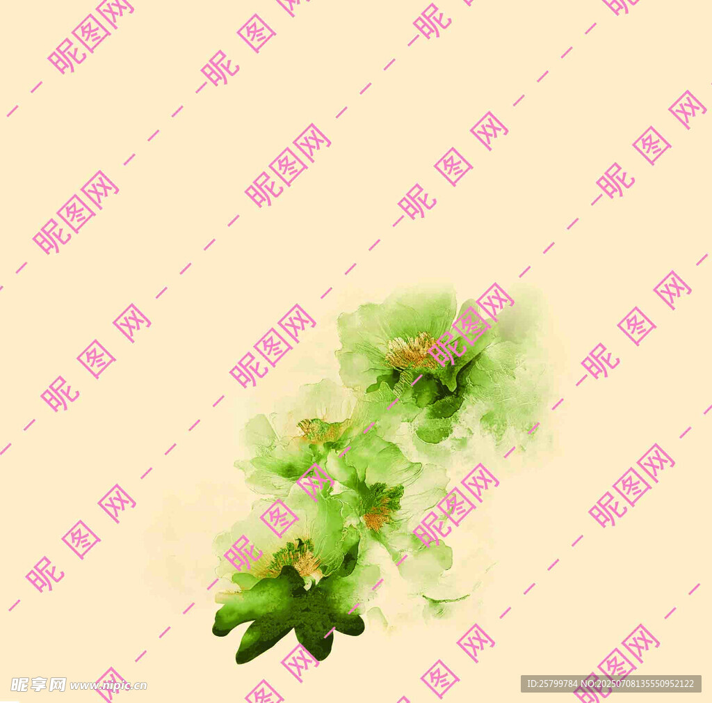 水墨风绿色花卉图案