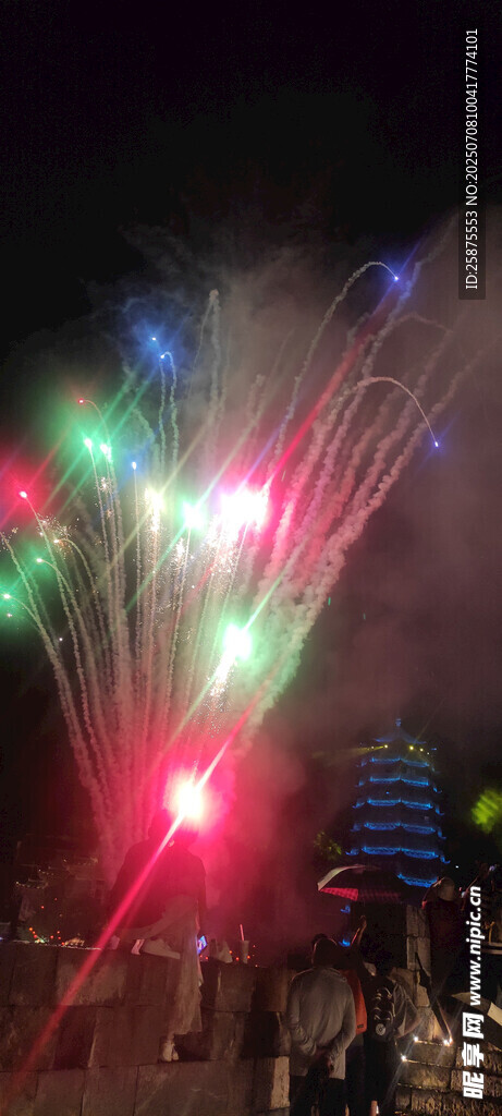 绚丽多彩的夜空中烟花绽放
