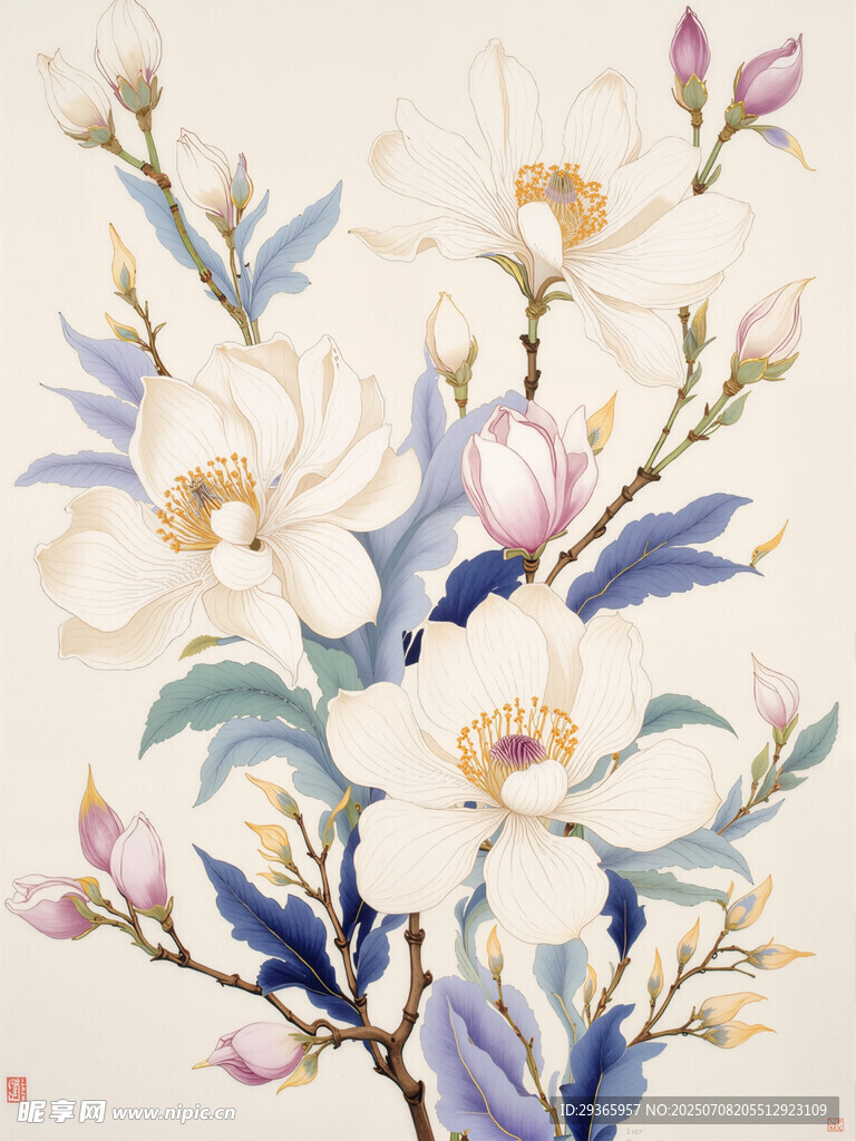 中式花卉水彩画艺术作品