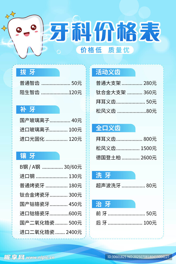 牙科价目表 