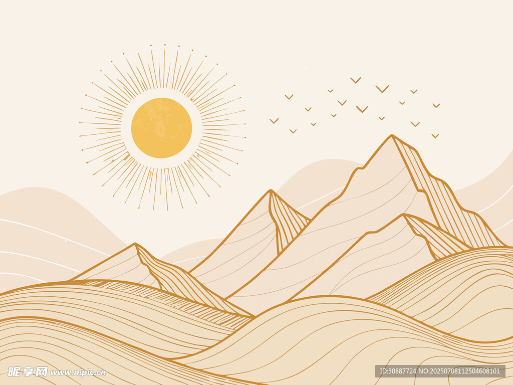 日出山峦线条插图