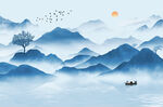 新中式 水墨蓝色山水画