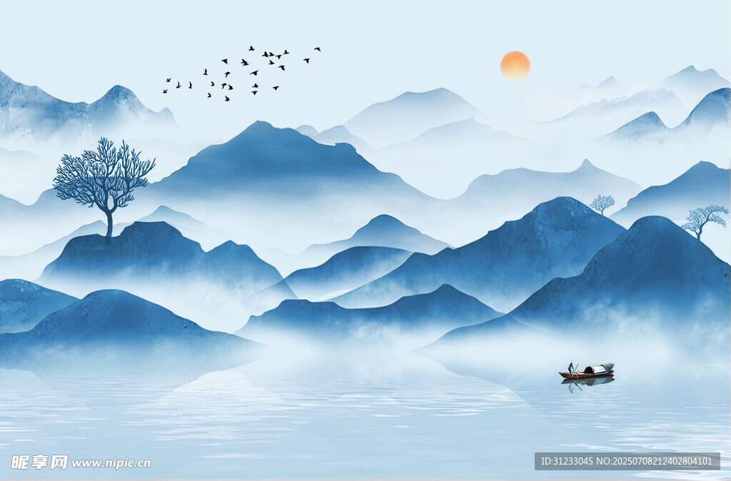 新中式 水墨蓝色山水画