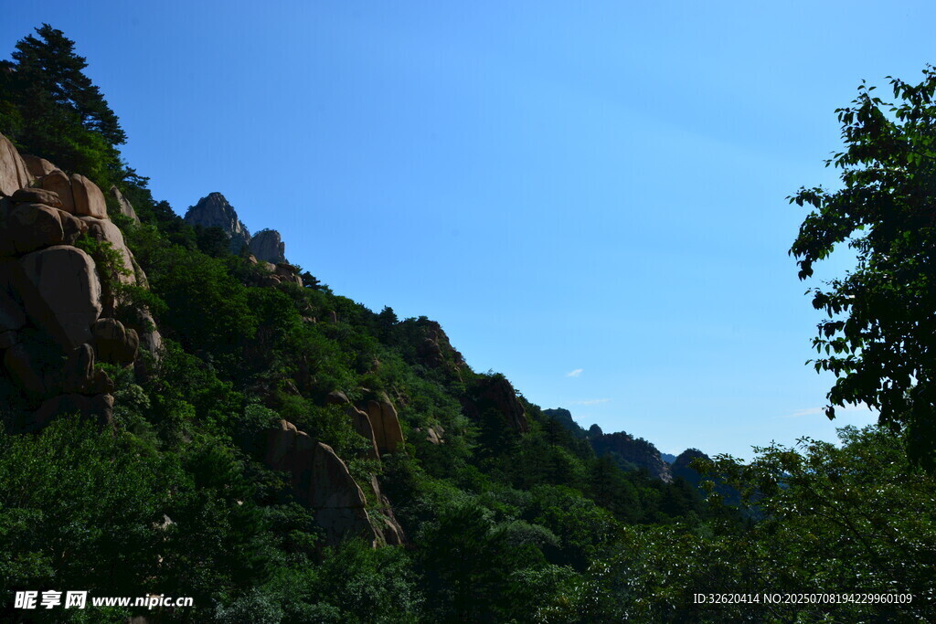 青山绿树间的嶙峋山石