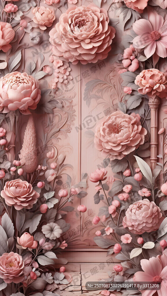 粉色系  手绘花草壁画图片