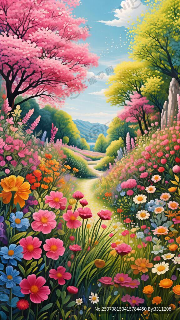 春天景色  手绘花草壁画图片
