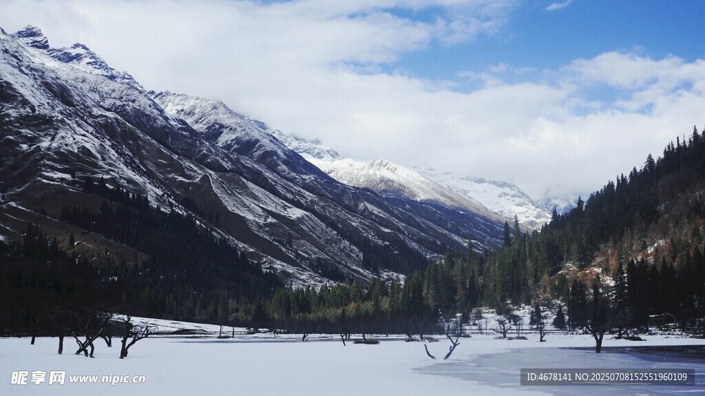 雪山下的冬日河谷美景