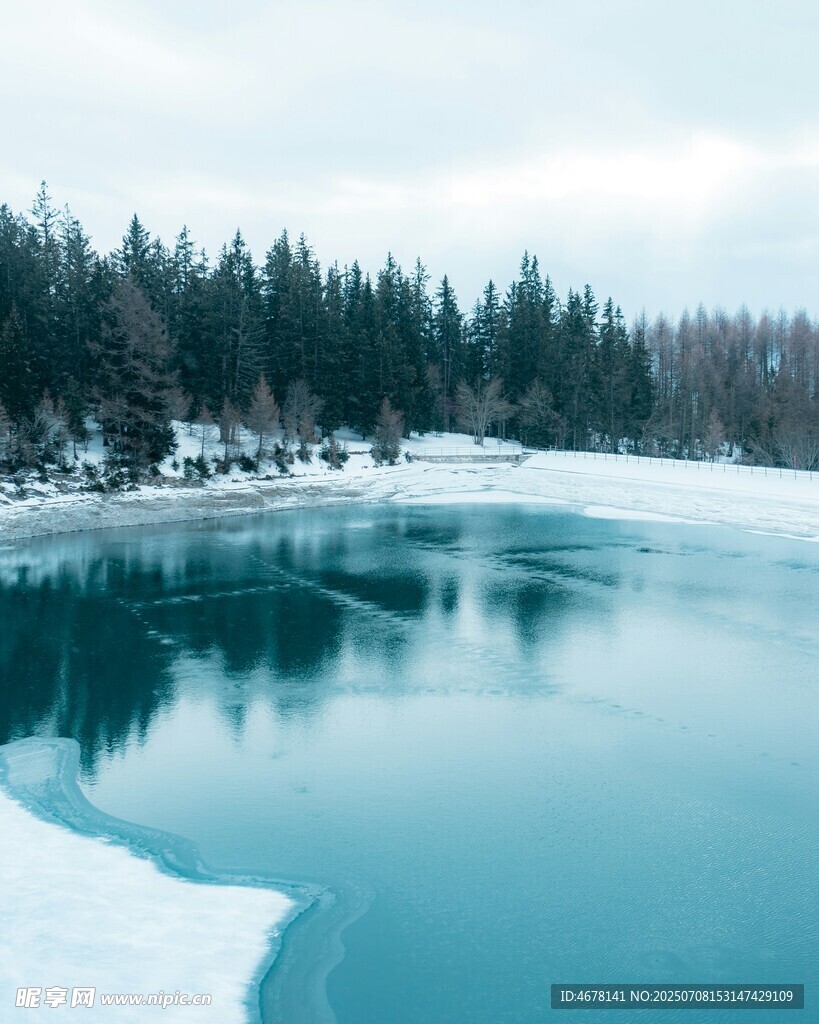 冬日冰封湖泊与森林美景
