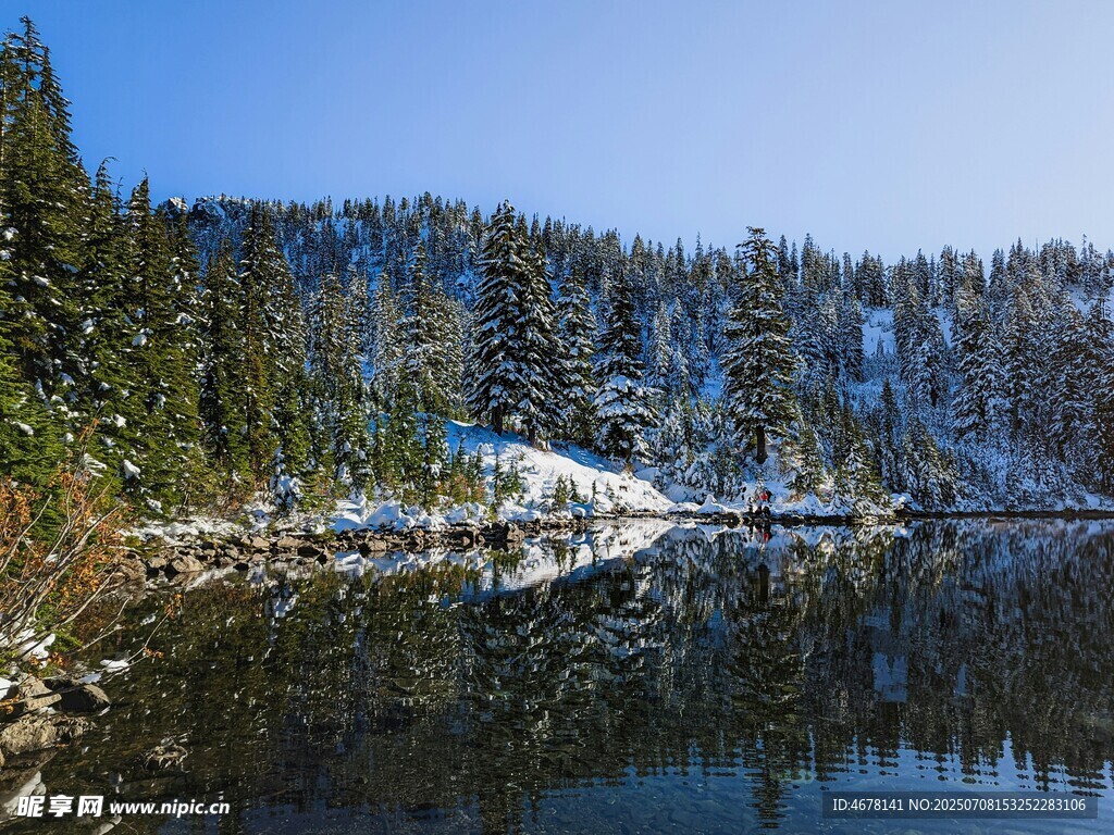 冬日静谧湖畔雪景
