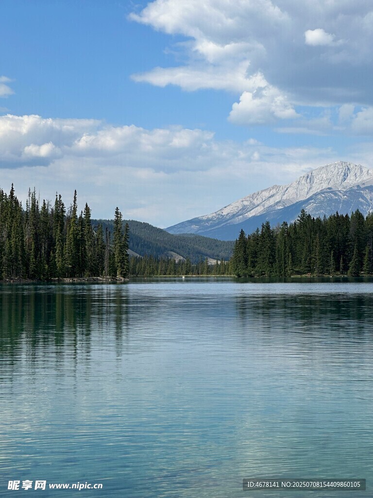 宁静湖泊与远处山林美景