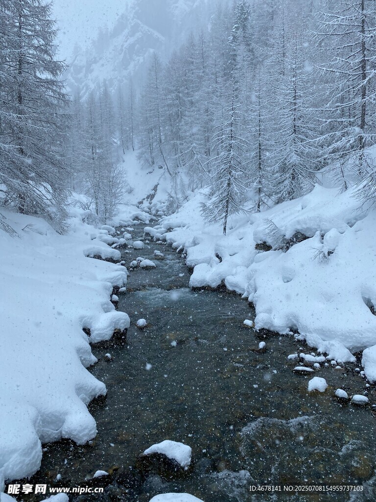 冬日雪覆溪流山林美景