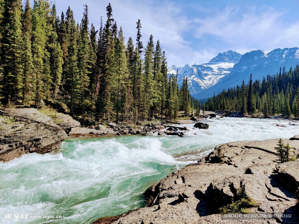 山间湍急河流与茂密森林