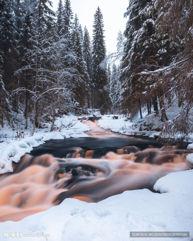 冬日溪流穿林海雪景