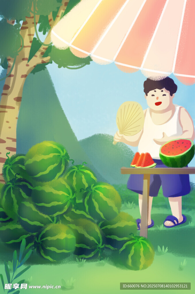 夏日瓜摊前的惬意时光