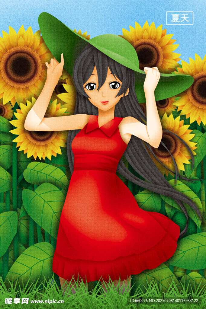 红衣女孩于向日葵田中赏景