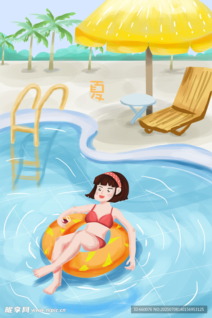 女孩泳池惬意漂浮