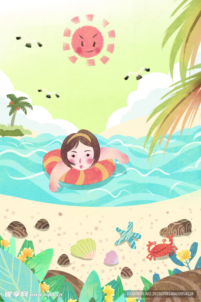女孩在海边惬意游泳