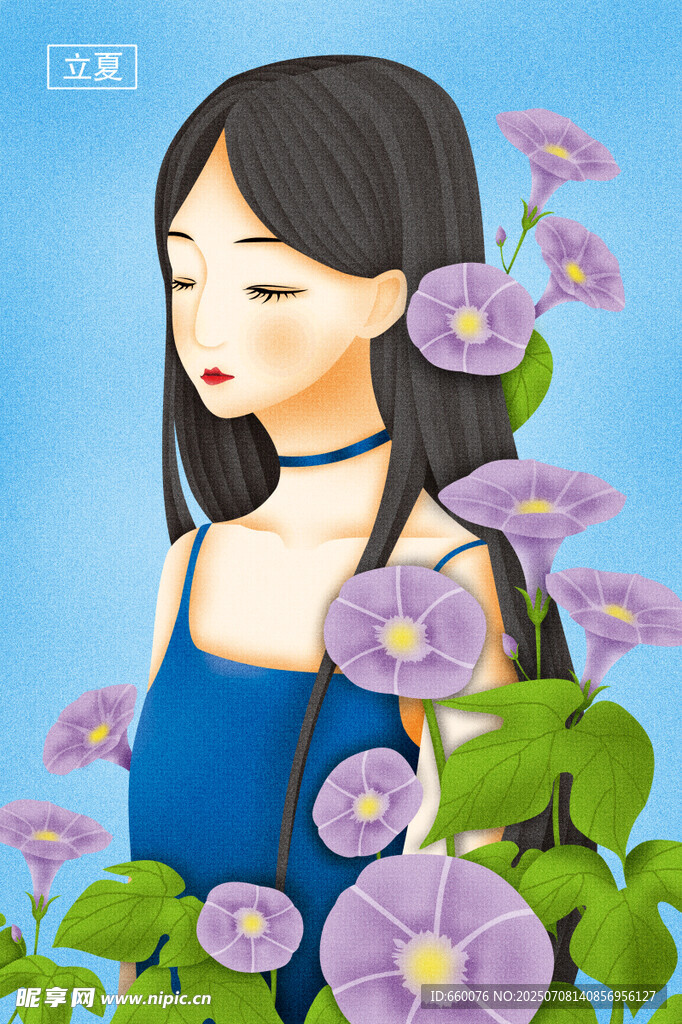 花丛中的蓝衣女孩