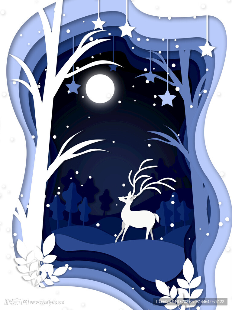 月夜下的梦幻森林与鹿