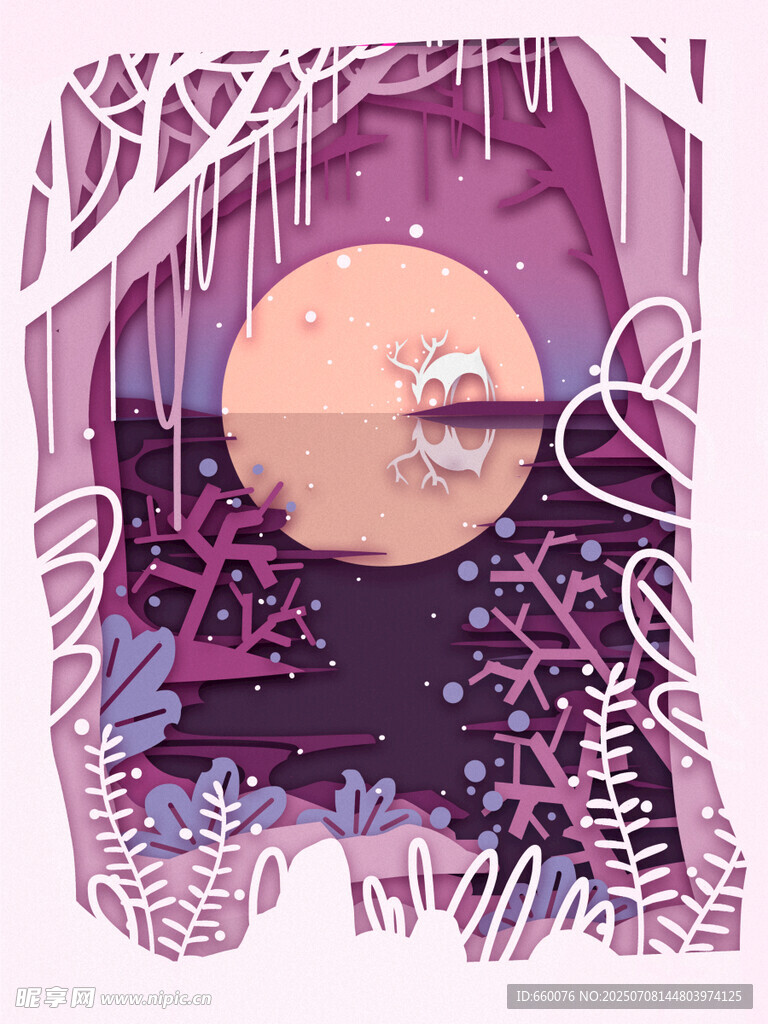 梦幻紫色花卉月亮插画