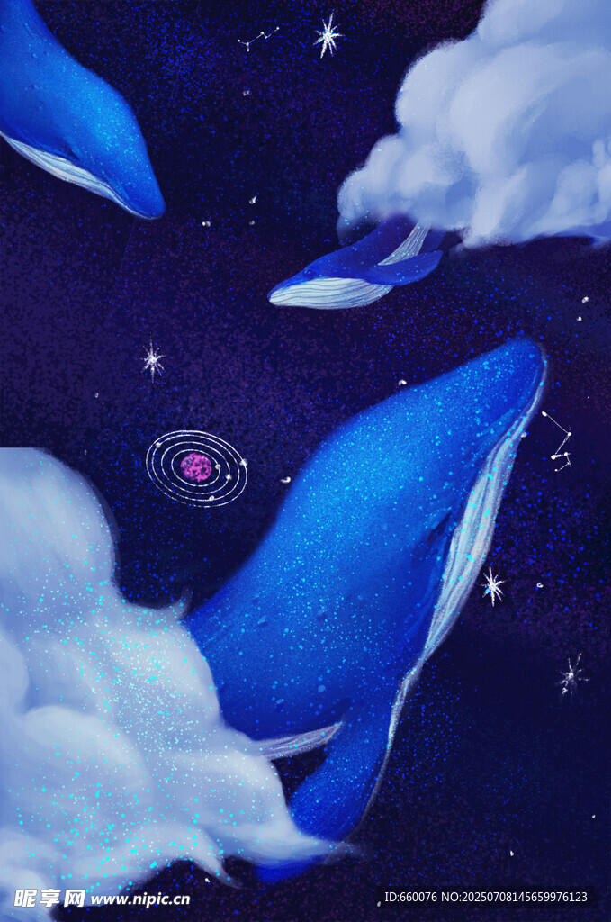 梦幻星空下的蓝鲸遨游