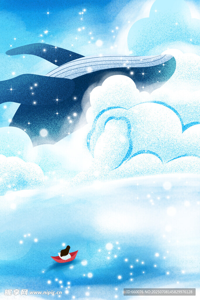 梦幻天空中鲸鱼与小船