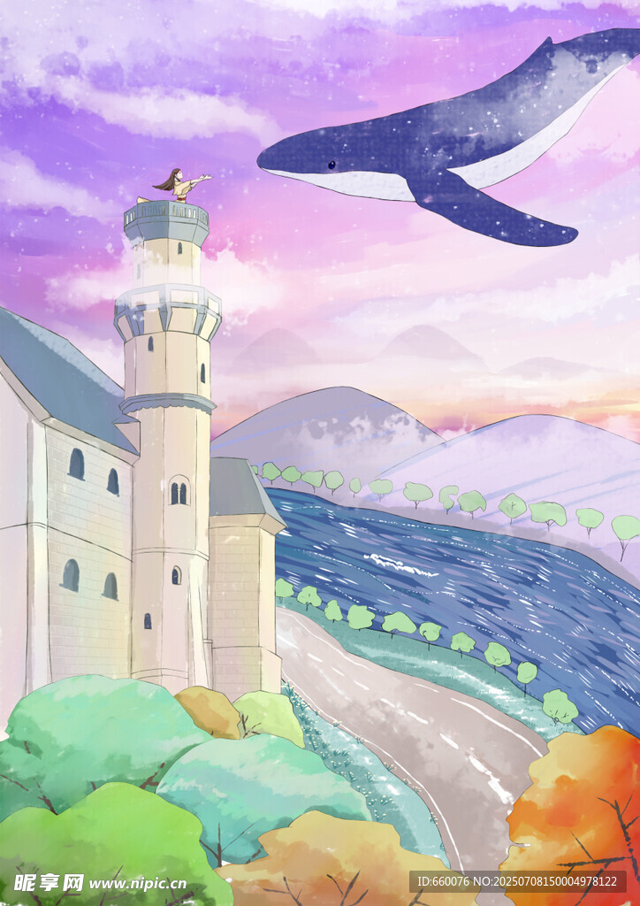 梦幻海岸灯塔与飞鲸景观