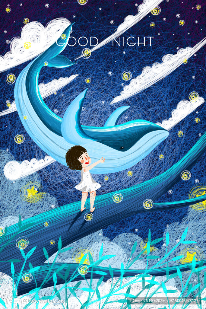 女孩与梦幻蓝色鲸鱼共舞