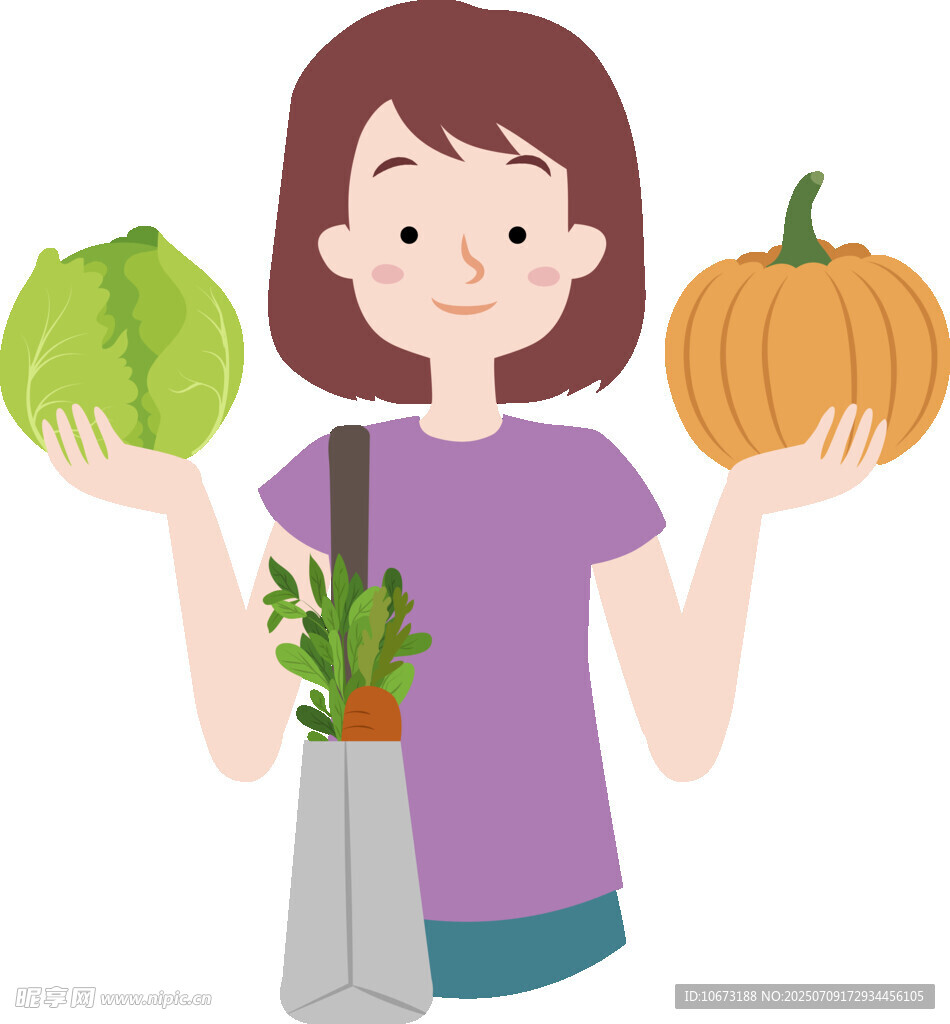 女孩手持蔬果与购物袋