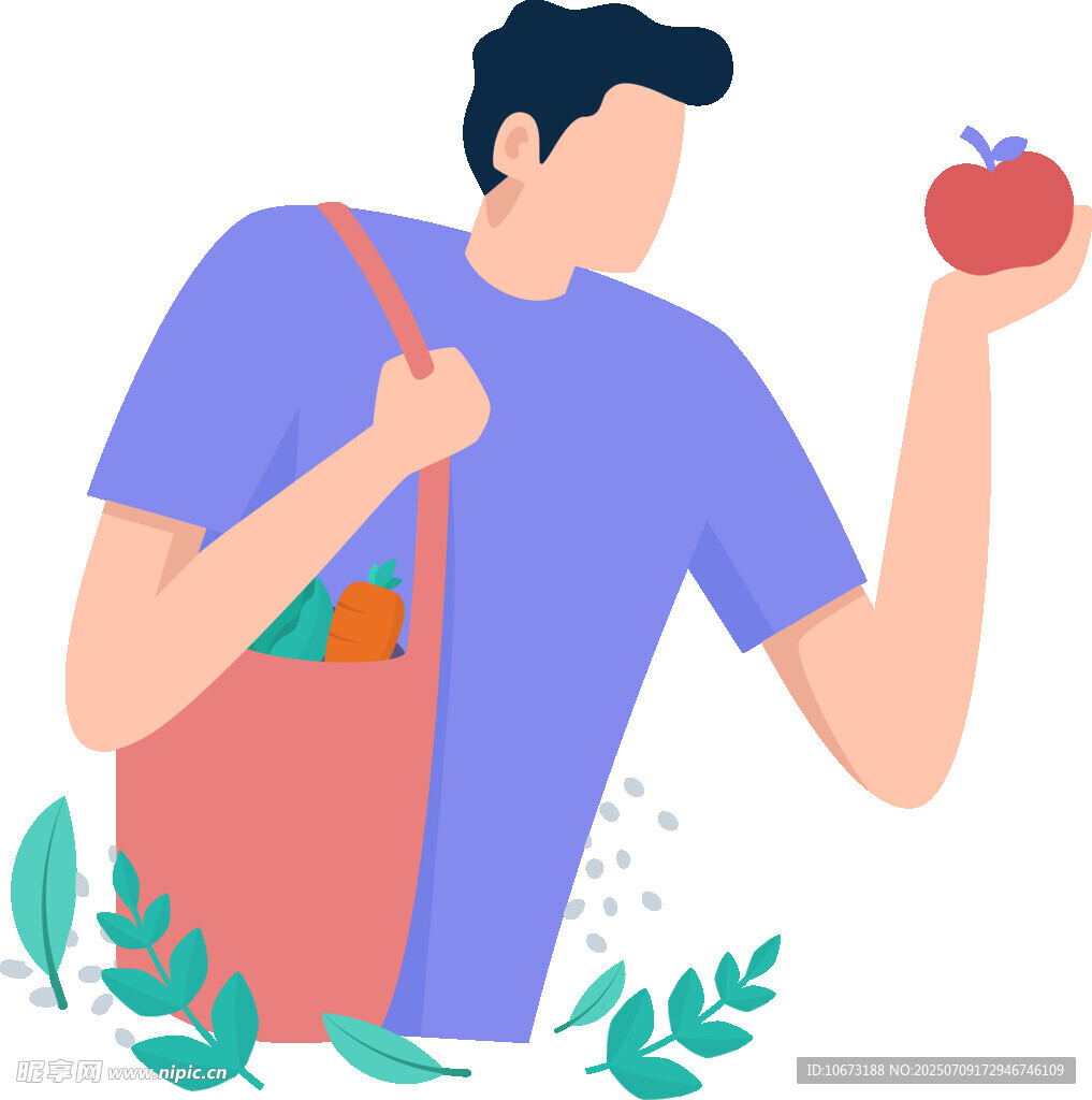 男子手持苹果背着购物袋